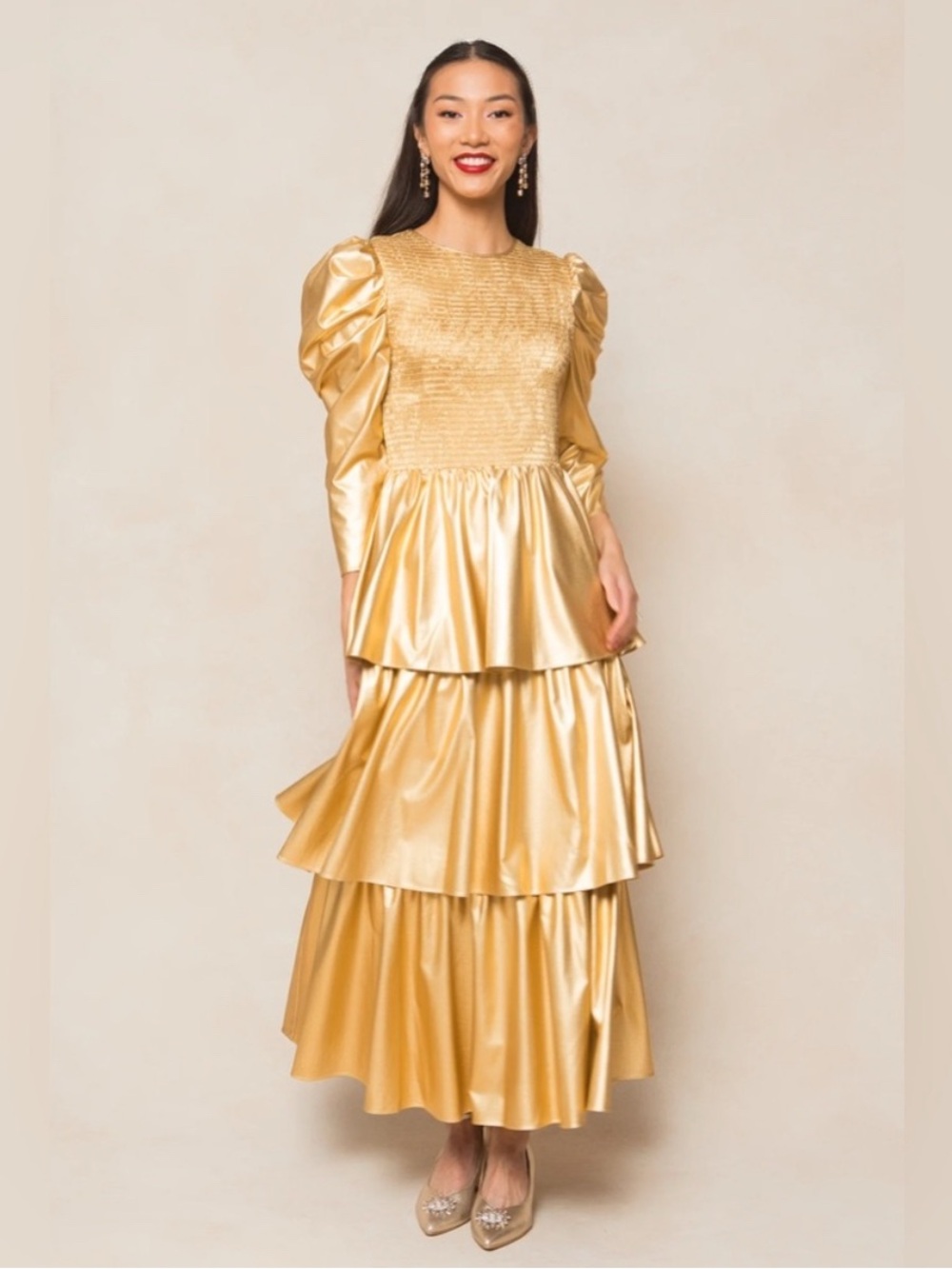 Ivy City Co Metallic Gold Tiered Maxi Dress with Puff Sleeves